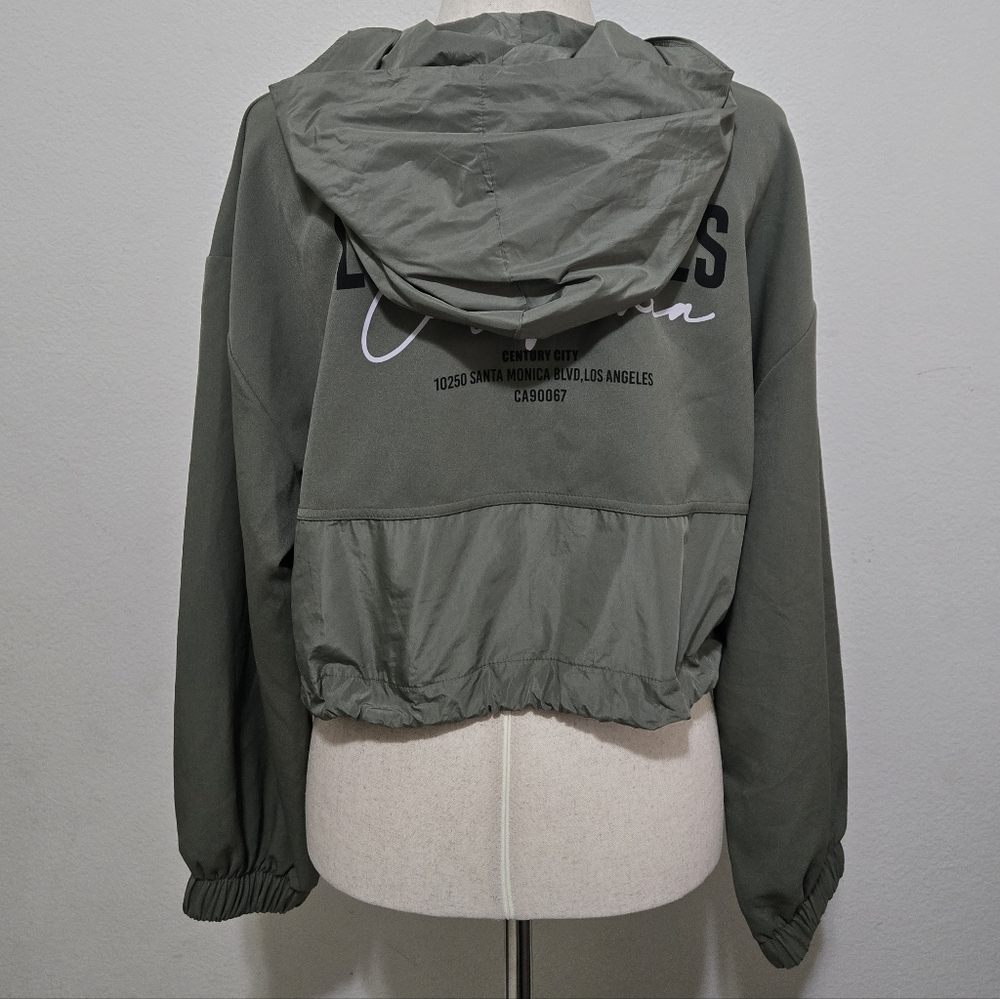 ZARA Olive Green Los Angeles Hoodie Half Zip Cropped Pullover Size Large - Picture 5 of 16